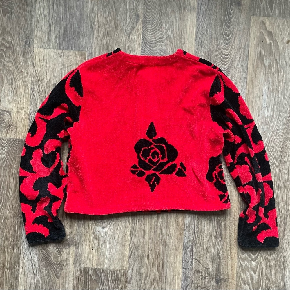 Vintage 90s Michael Simon Red Black Rose Chenille Cardigan L coquette goth - Picture 5 of 7